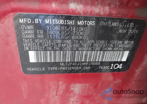 2017 Mitsubishi Mirage G4 Se из США, поврежденный, VIN ML32F4FJ1HHF15669